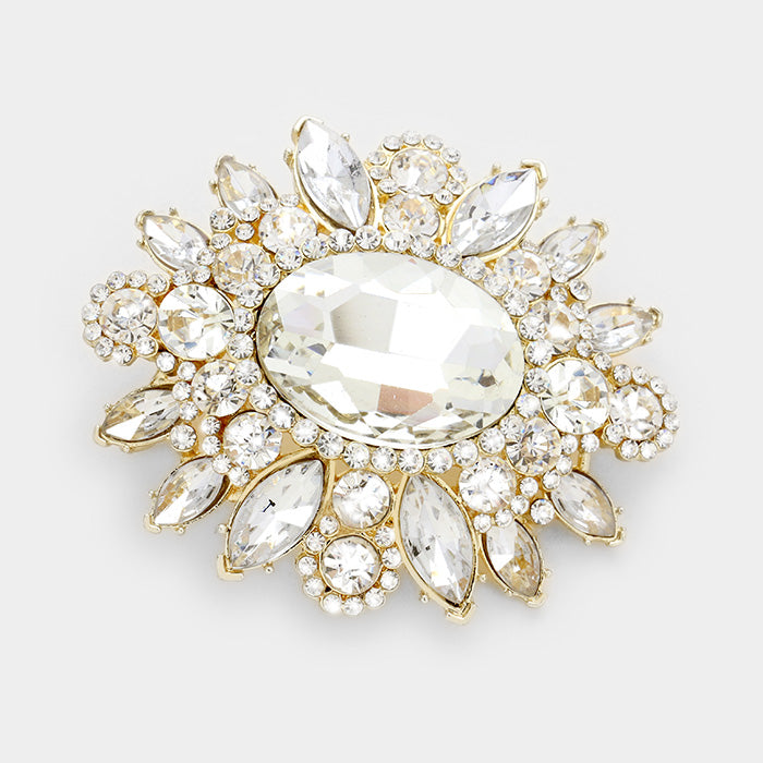 Oval Crystal Flower Brooch